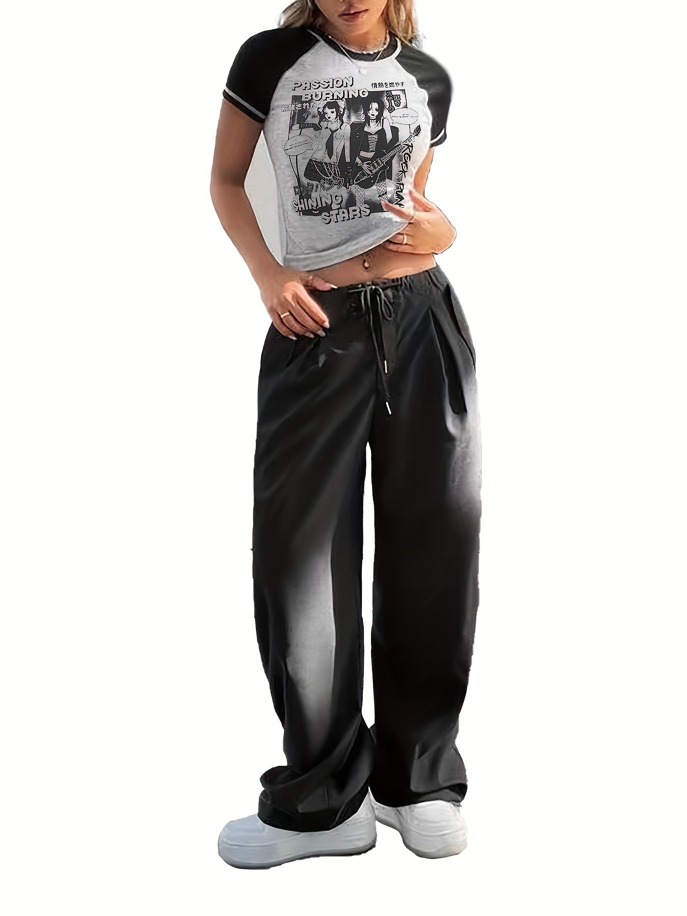 Anime Print Crew Neck Crop T-Shirt, Casual Short Sleeve Top For Spring & Summer, Women's Clothing