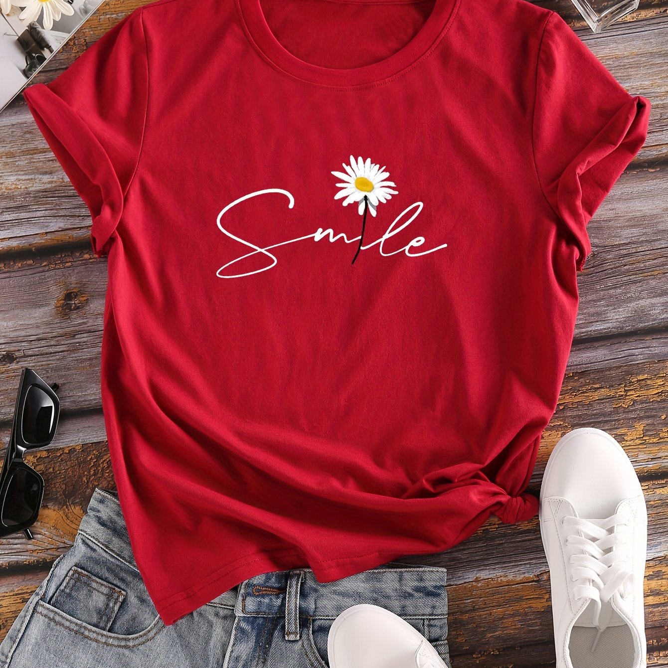 Vibrant Flower & Letter Print Crew Neck T-Shirt - Relaxed Fit, Short Sleeve, Classic Style - Perfect for Spring and Summer, Womens Casual Clothing