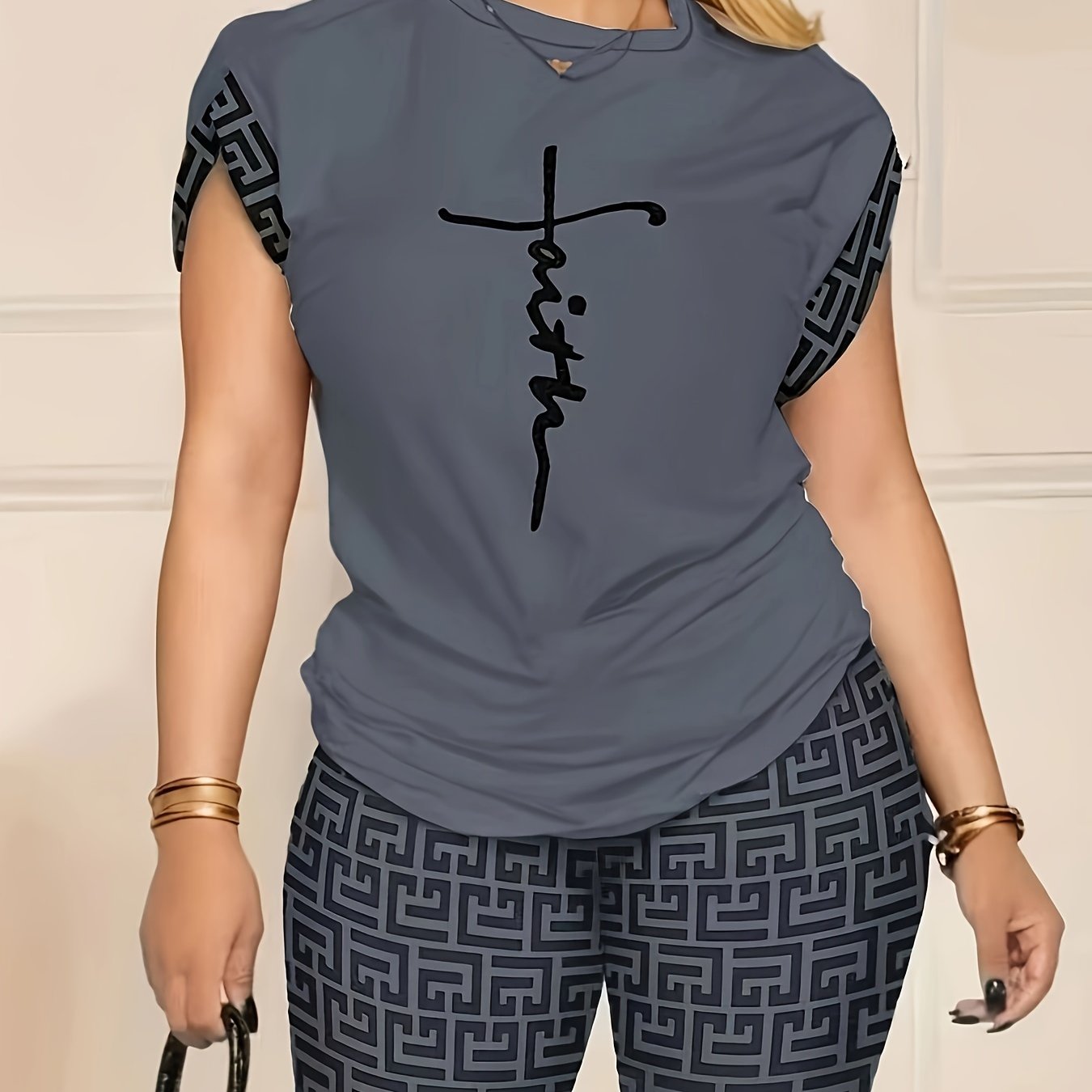 Two-Piece Geo Print Matching Set - Casual Short Sleeve Crew Neck T-Shirt & Biker Shorts Outfit - Polyester Knit Fabric, Mid Elasticity, Positioning Printing, All Seasons, Regular Fit
