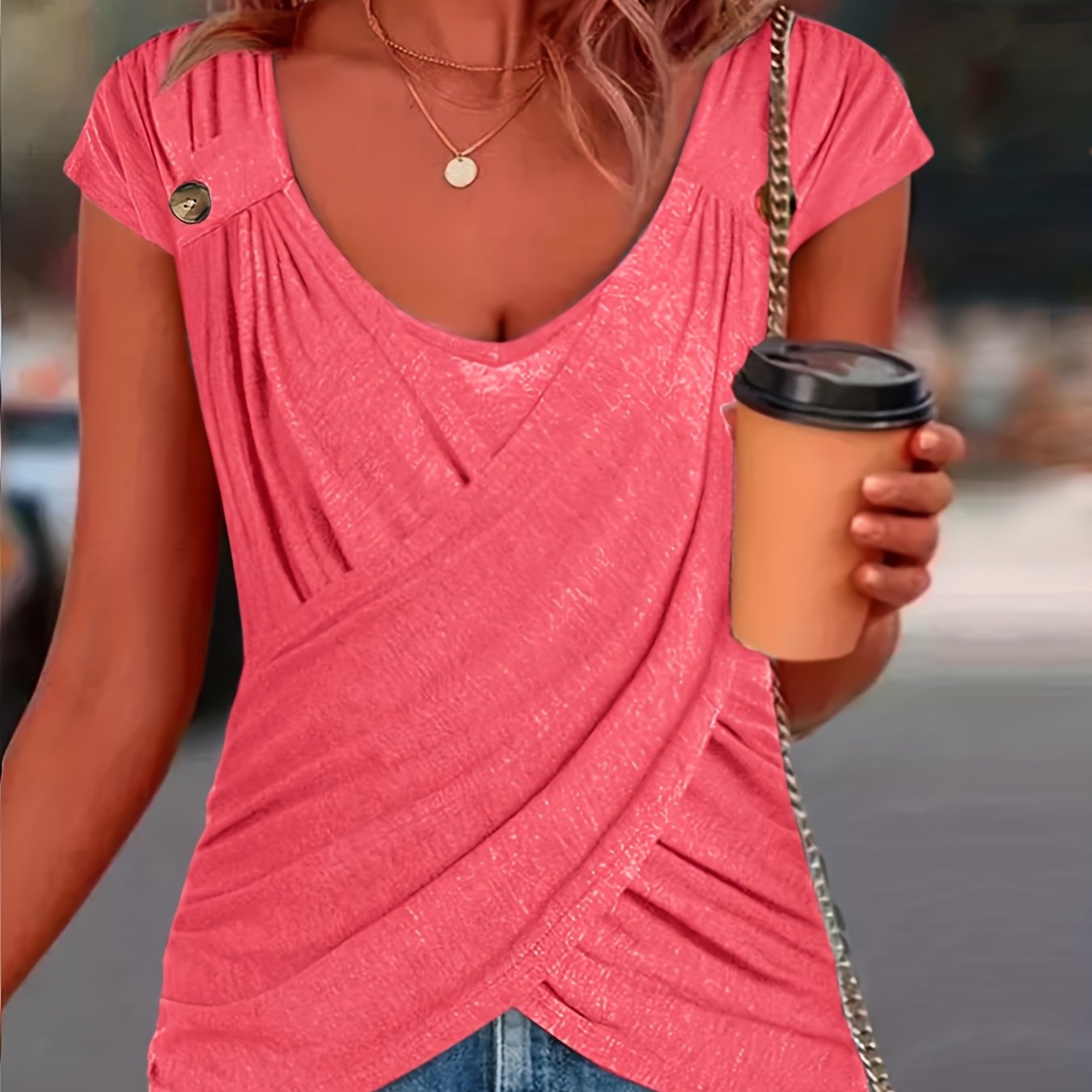 Ruched Button Decor Crew Neck T-Shirt, Casual Short Sleeve Top For Spring & Summer, Women's Clothing