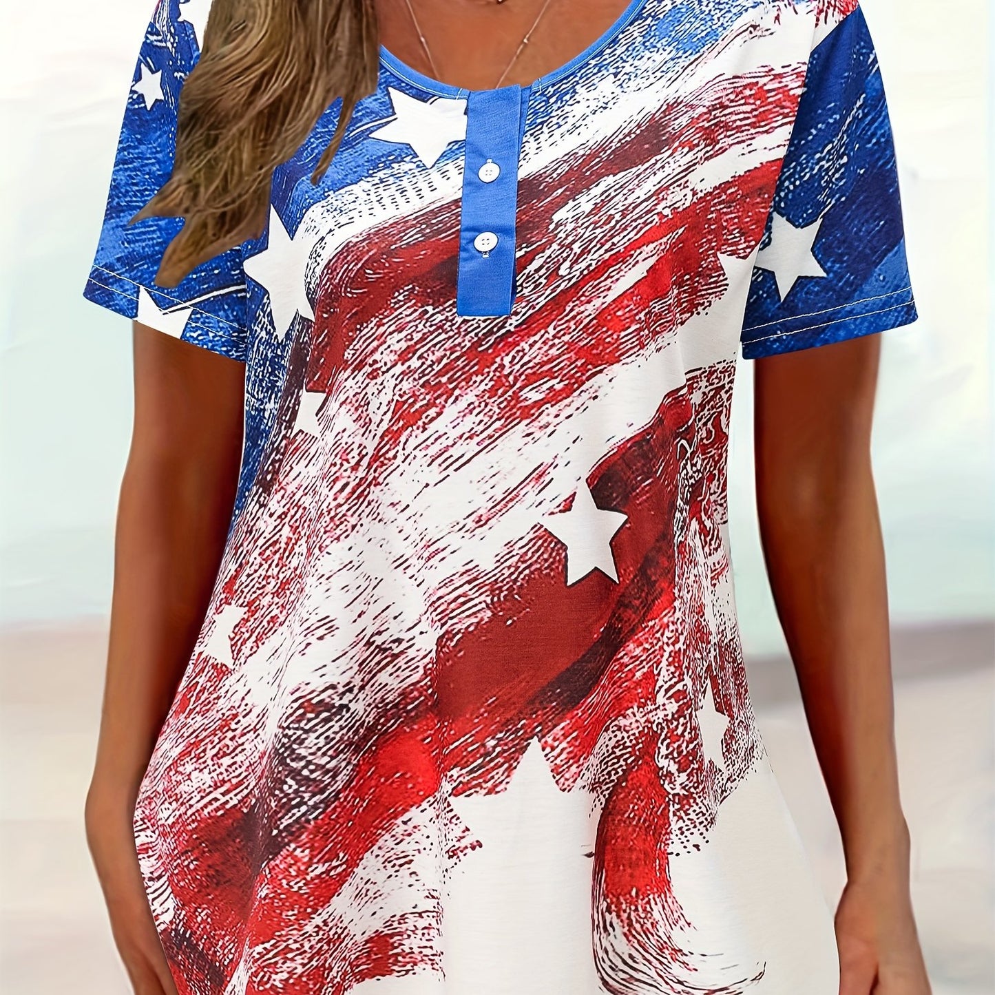 Patriotic Stretch-Cotton T-Shirt - Women's Casual Button-Up, American Flag Print, Perfect for Summer