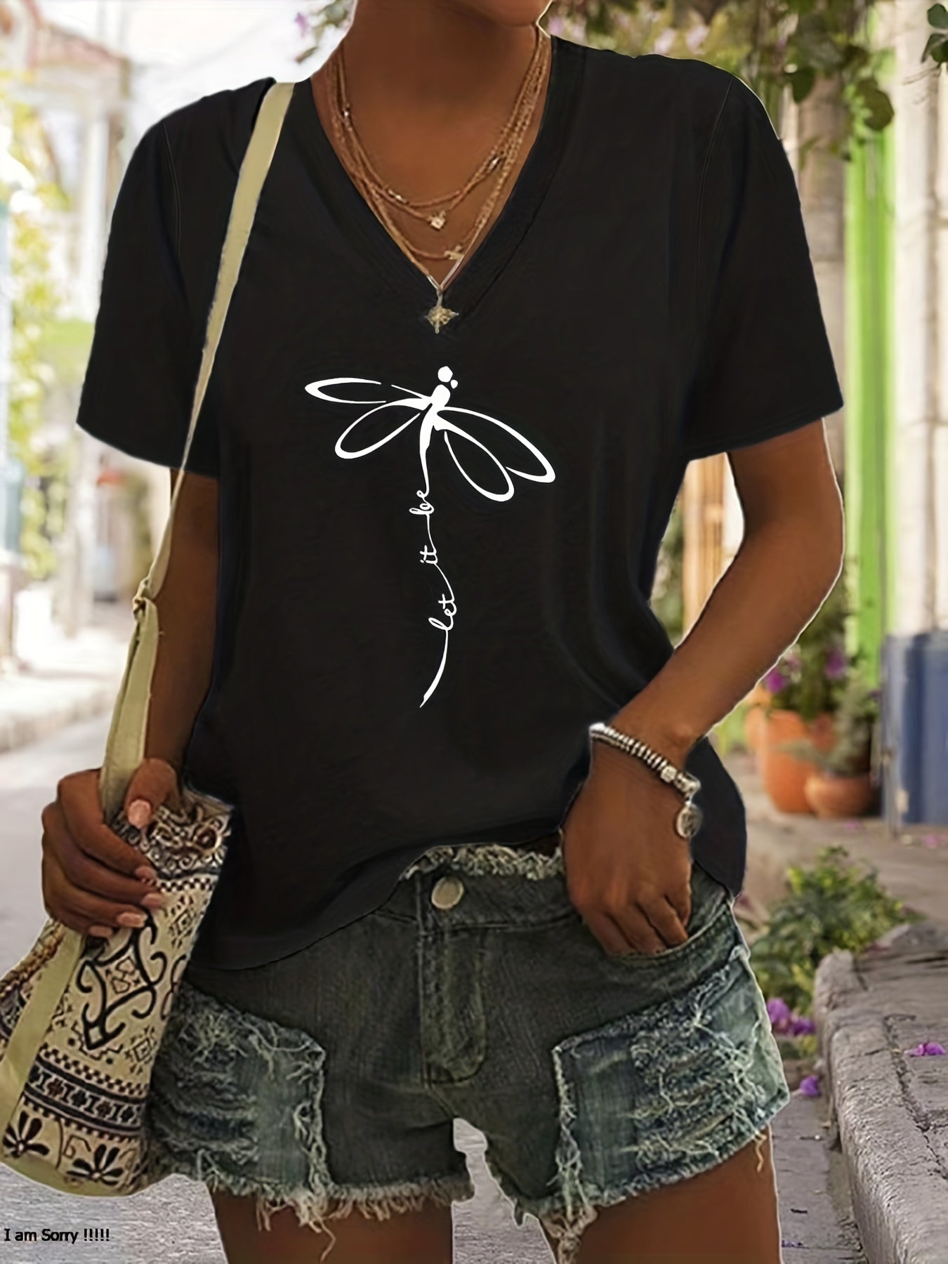 Stylish Dragonfly & Letter Print V Neck Short Sleeve T-shirt - Soft Micro Elasticity Polyester Fabric, Loose Fit, Anime Pattern, Pullover Style - Perfect for Spring, Summer, and Fall Casual Wear