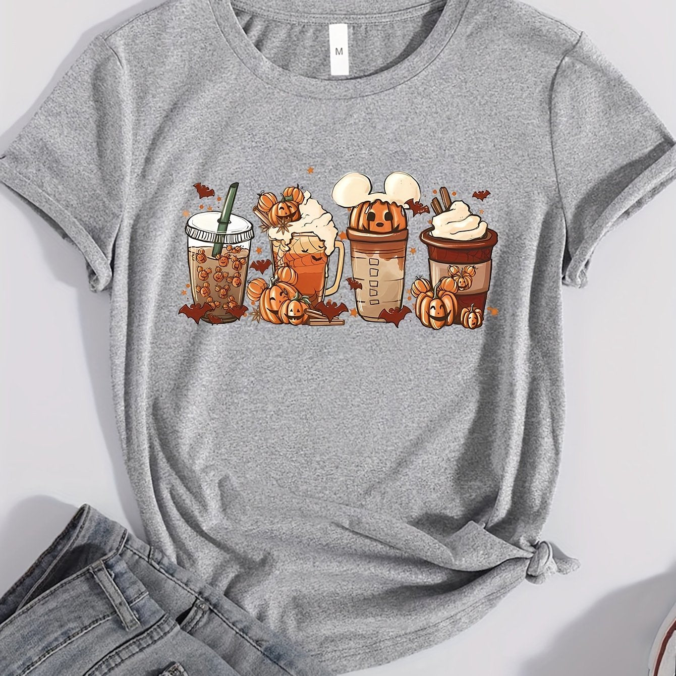 Halloween Drinking Print Summer T-shirt, Casual Short Sleeve Crew Neck Tee, Women's Clothing