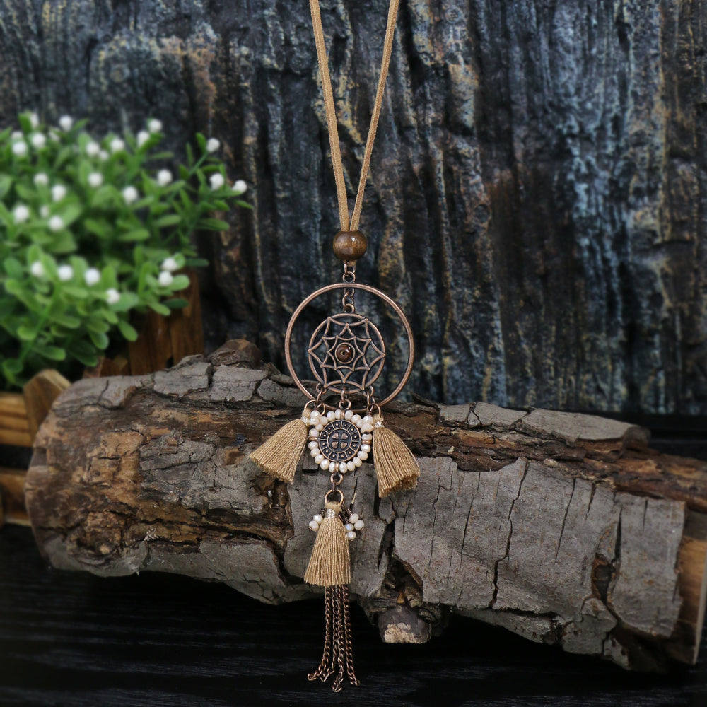 Brown Boho Ladies Pendant Necklace 1 Round Hollow Pendant Set With Rhinestone And Khaki Chain Tassel Jewelry