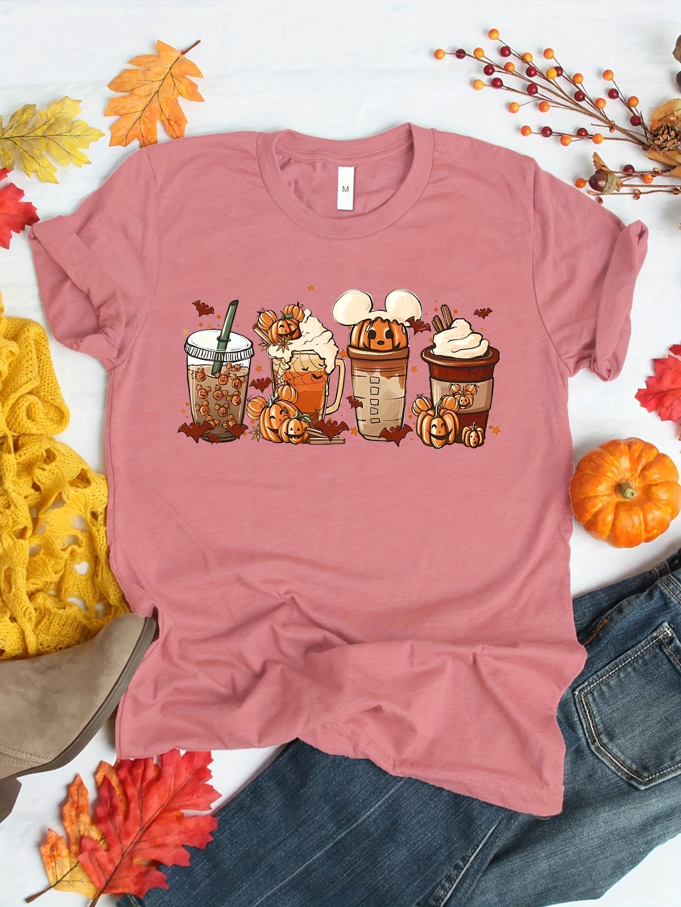 Halloween Drinking Print Summer T-shirt, Casual Short Sleeve Crew Neck Tee, Women's Clothing
