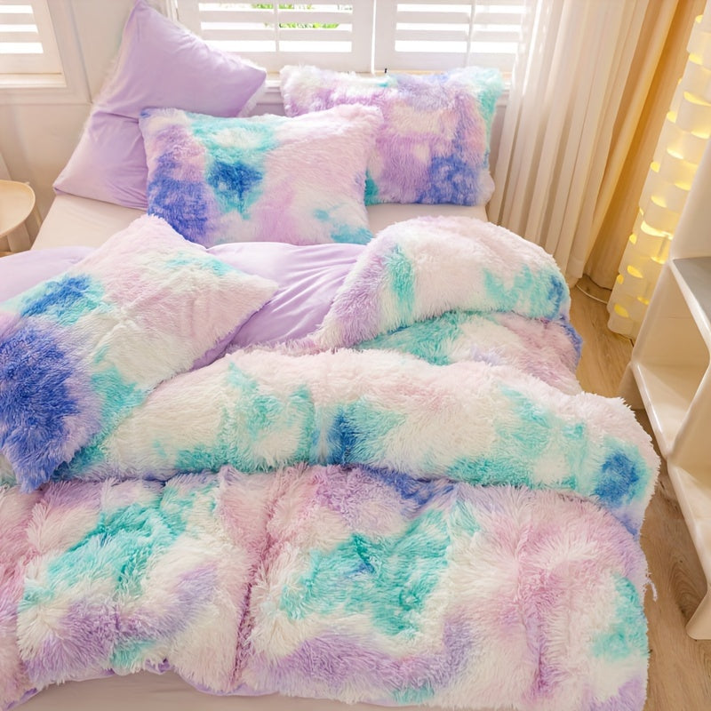 3pcs Y2K Tie Dye Plush Duvet Cover Set ( 1 Duvet Cover + 2 Pillowcase), Soft & Warm Bedding Set