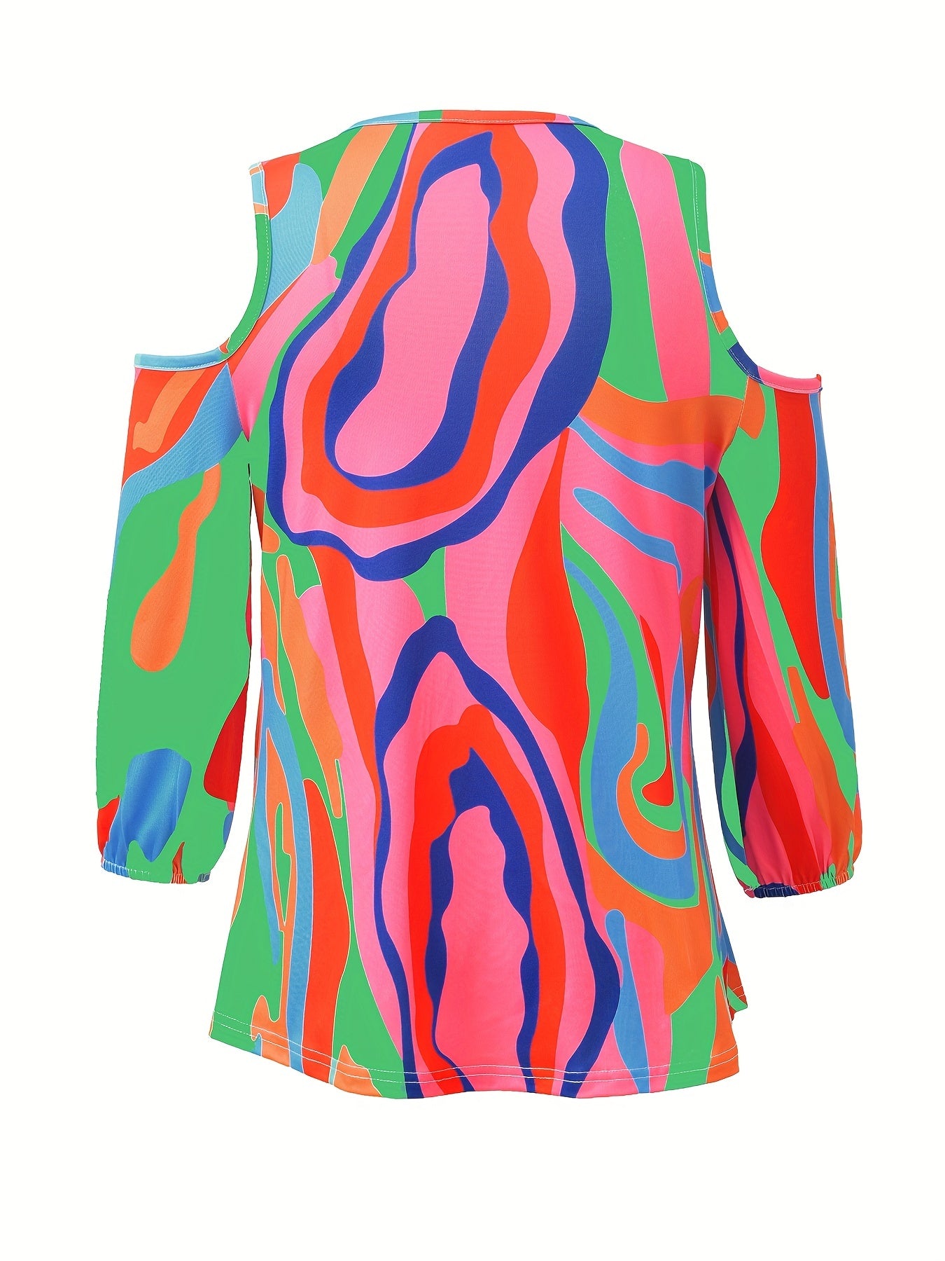 Colorful Geometric Print Casual T-Shirt - Easy Care, Micro-Elastic, Quarter-Zip Neck with Cold Shoulder, All-Season Comfort