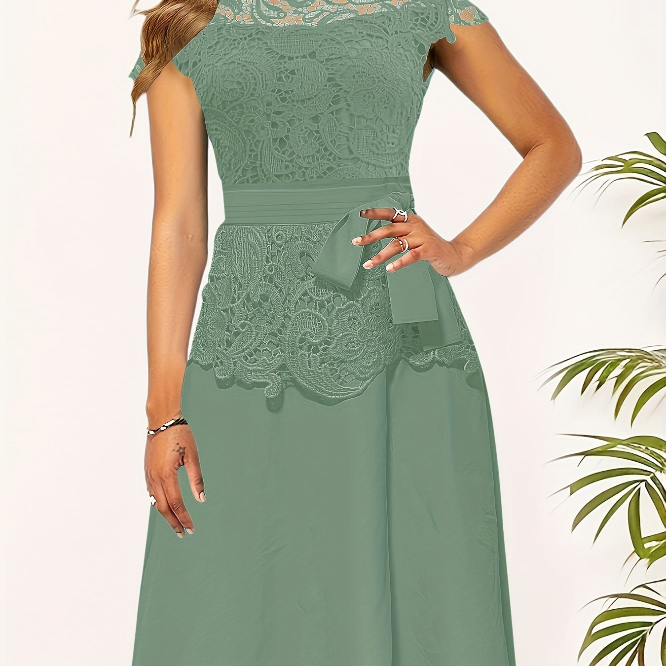 Women's Elegant Contrast Lace Panel A-Line Dress - Round Neck Short Sleeve Flared Skirt, Machine Washable Solid Black for Spring/Fall Casual & Formal Occasions, Spring Fall Attire, Sophisticated Tailoring