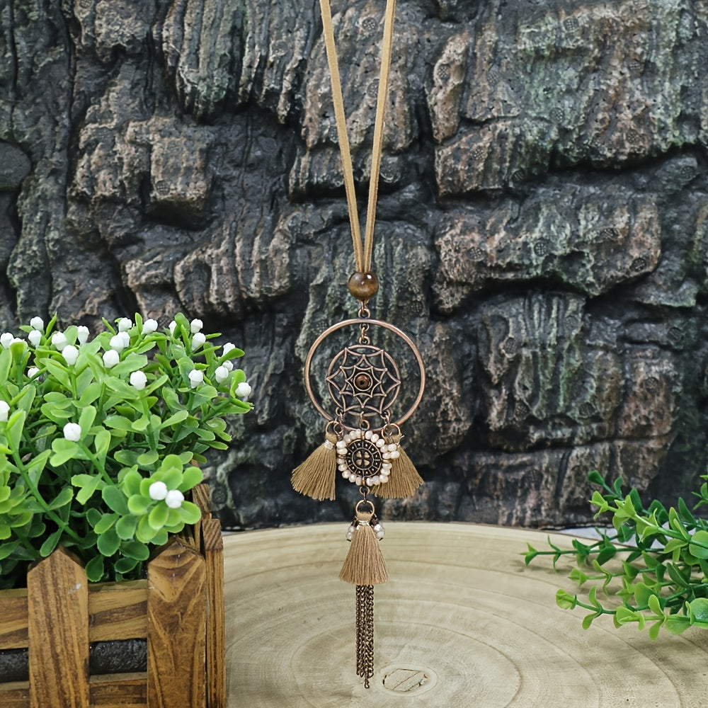 Brown Boho Ladies Pendant Necklace 1 Round Hollow Pendant Set With Rhinestone And Khaki Chain Tassel Jewelry