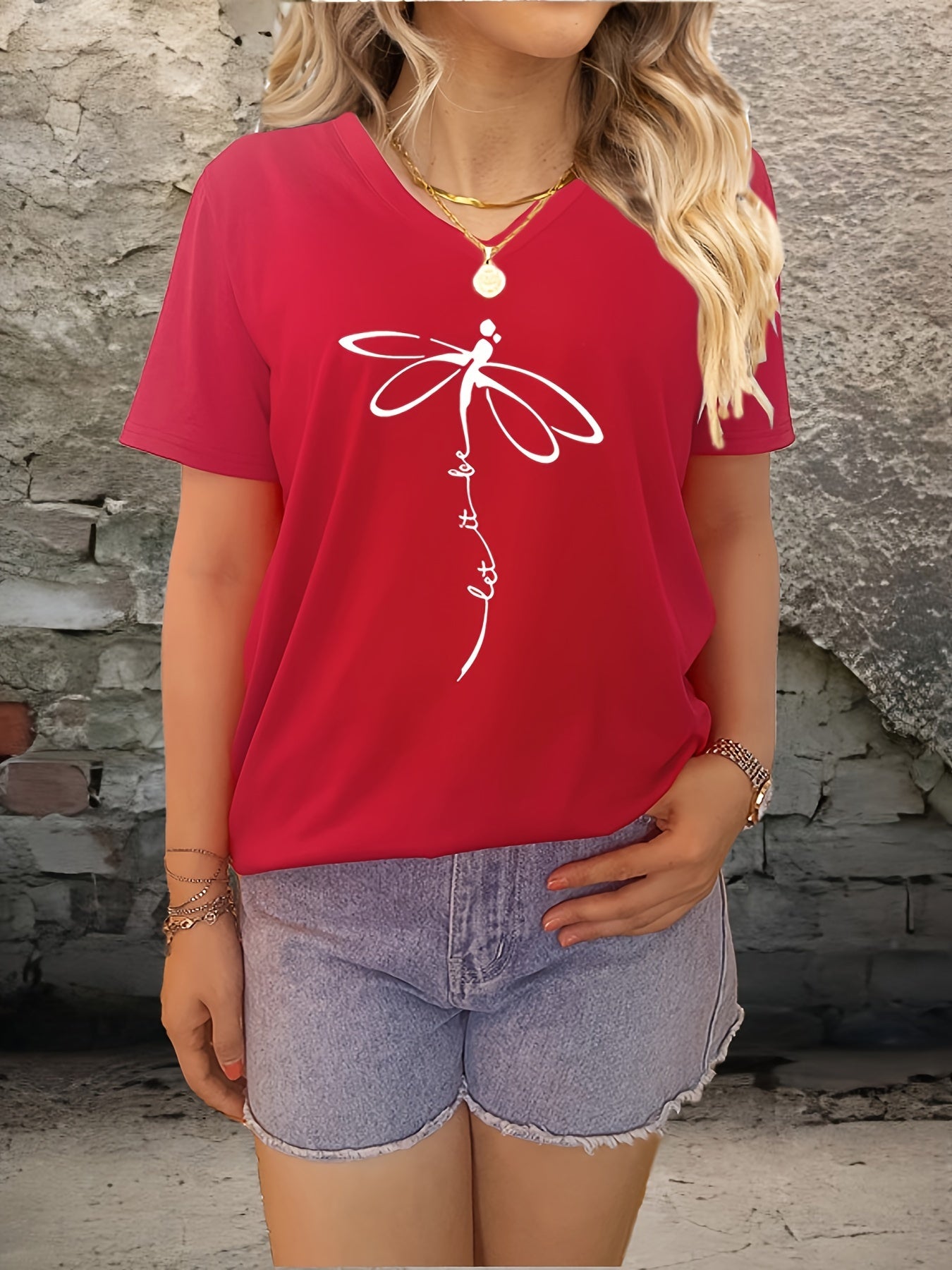 Stylish Dragonfly & Letter Print V Neck Short Sleeve T-shirt - Soft Micro Elasticity Polyester Fabric, Loose Fit, Anime Pattern, Pullover Style - Perfect for Spring, Summer, and Fall Casual Wear
