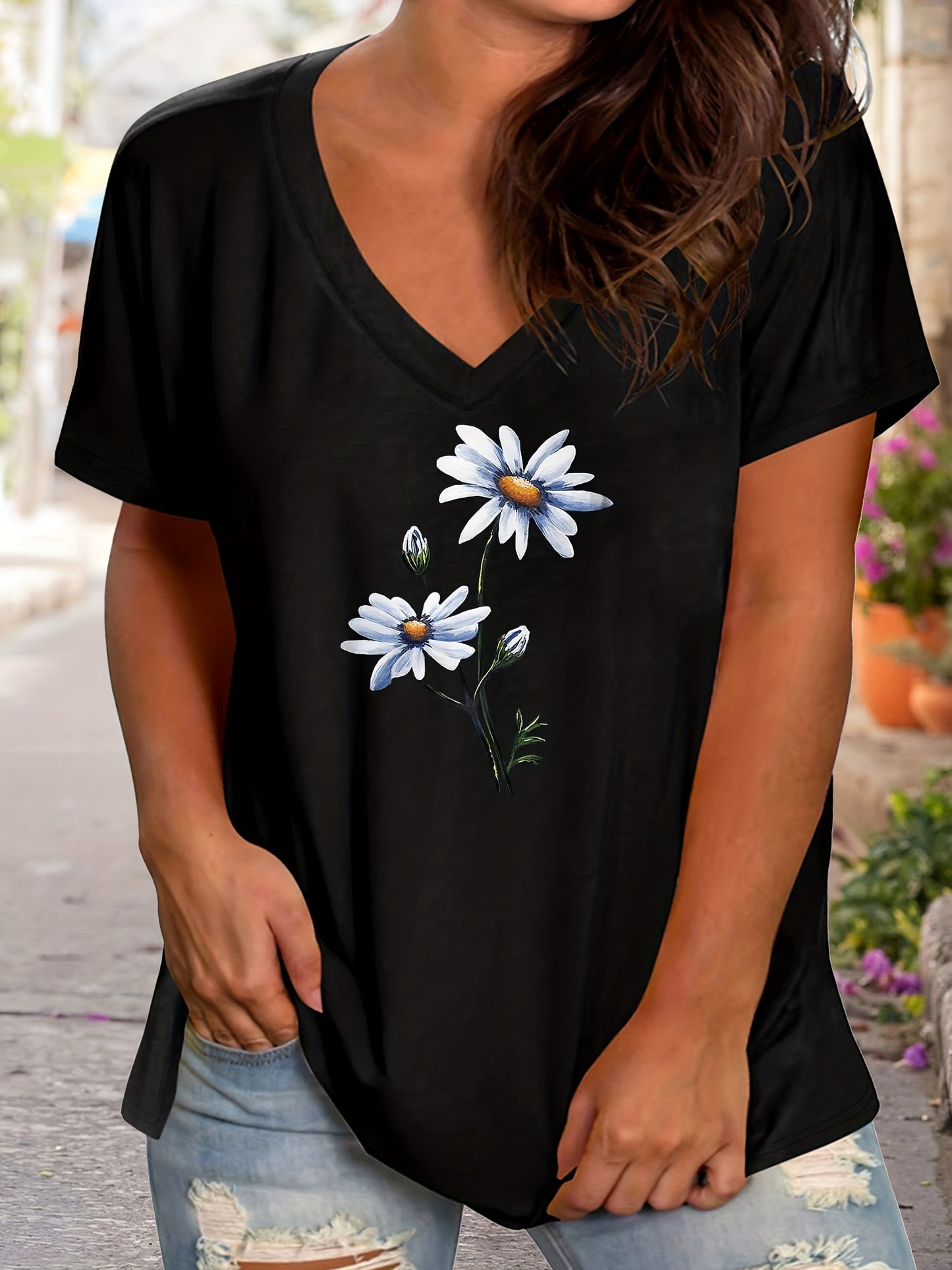 Plus Size Women's Floral Print V Neck Short Sleeve Graphic Tee Casual T-shirt