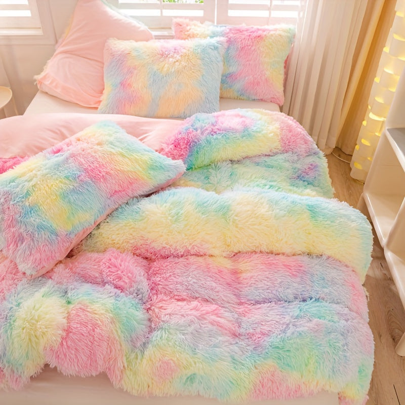 3pcs Y2K Tie Dye Plush Duvet Cover Set ( 1 Duvet Cover + 2 Pillowcase), Soft & Warm Bedding Set