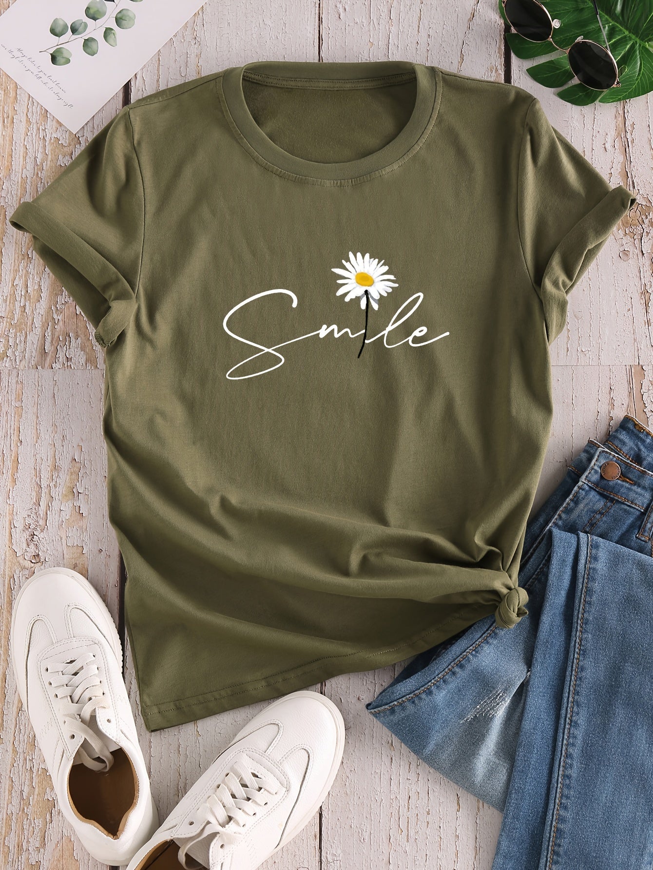 Vibrant Flower & Letter Print Crew Neck T-Shirt - Relaxed Fit, Short Sleeve, Classic Style - Perfect for Spring and Summer, Womens Casual Clothing