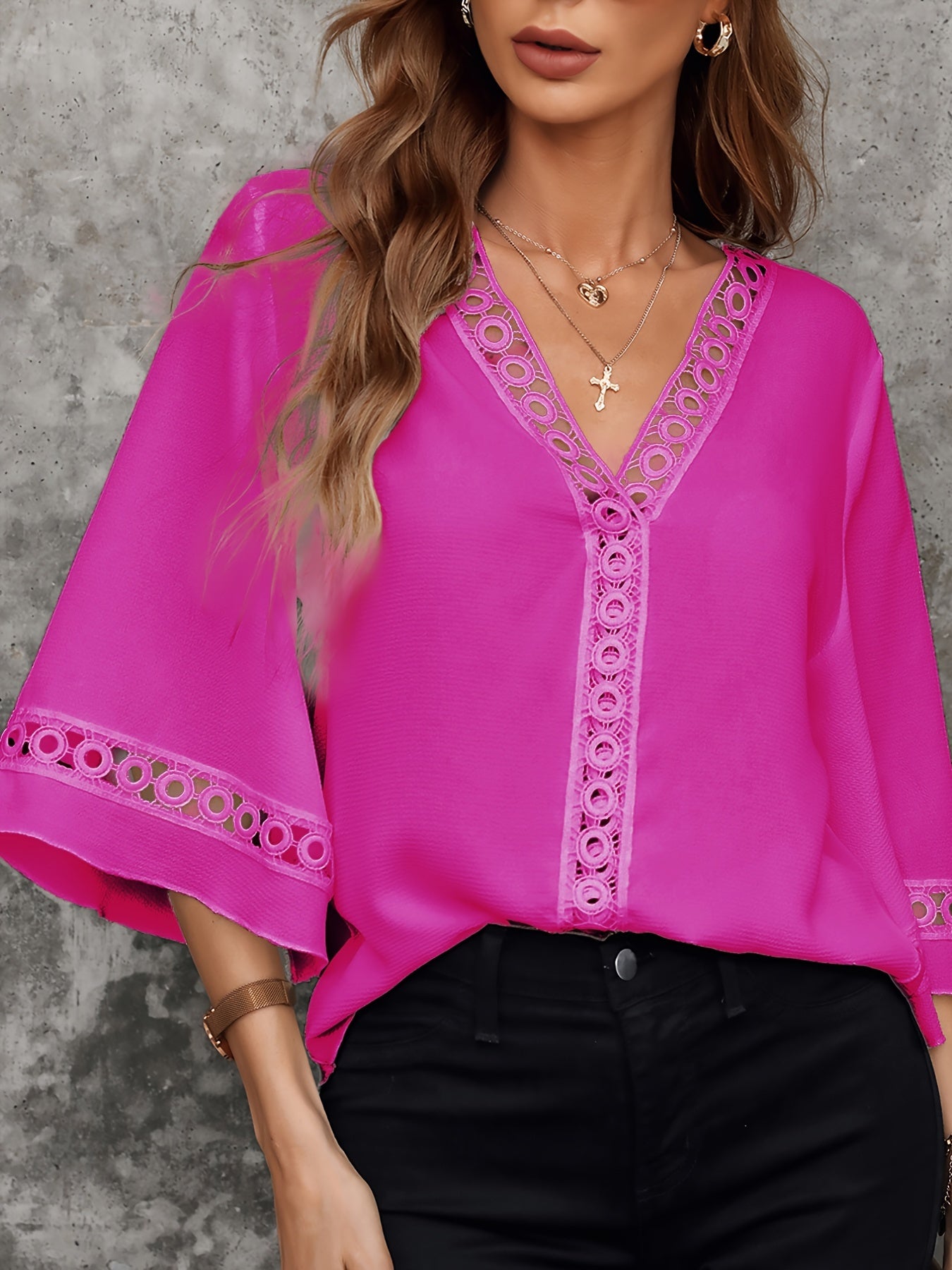 Vibrant 3/4 Sleeve V Neck T-Shirt - Soft Slight Stretch Polyester Fabric, Casual Solid Color Design for Spring & Summer - Regular Length, No Printing, Micro Elasticity, and Woven Construction