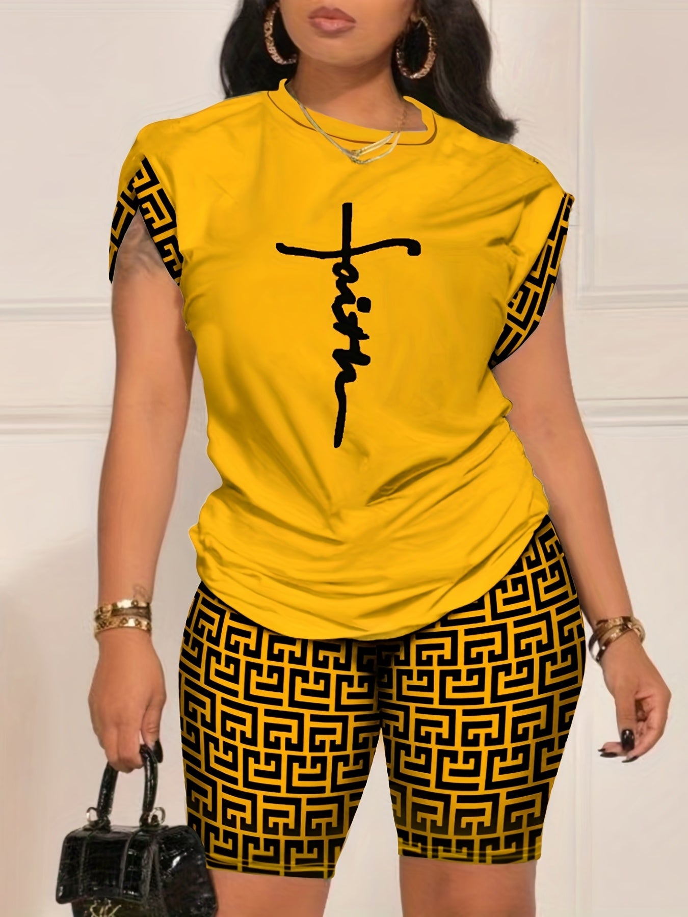Two-Piece Geo Print Matching Set - Casual Short Sleeve Crew Neck T-Shirt & Biker Shorts Outfit - Polyester Knit Fabric, Mid Elasticity, Positioning Printing, All Seasons, Regular Fit