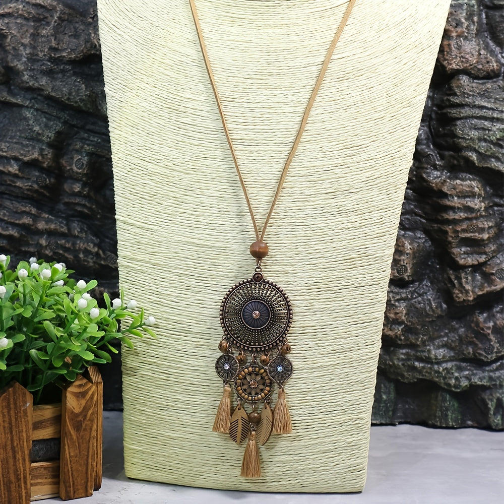 Brown Boho Ladies Pendant Necklace 1 Round Hollow Pendant Set With Rhinestone And Khaki Chain Tassel Jewelry