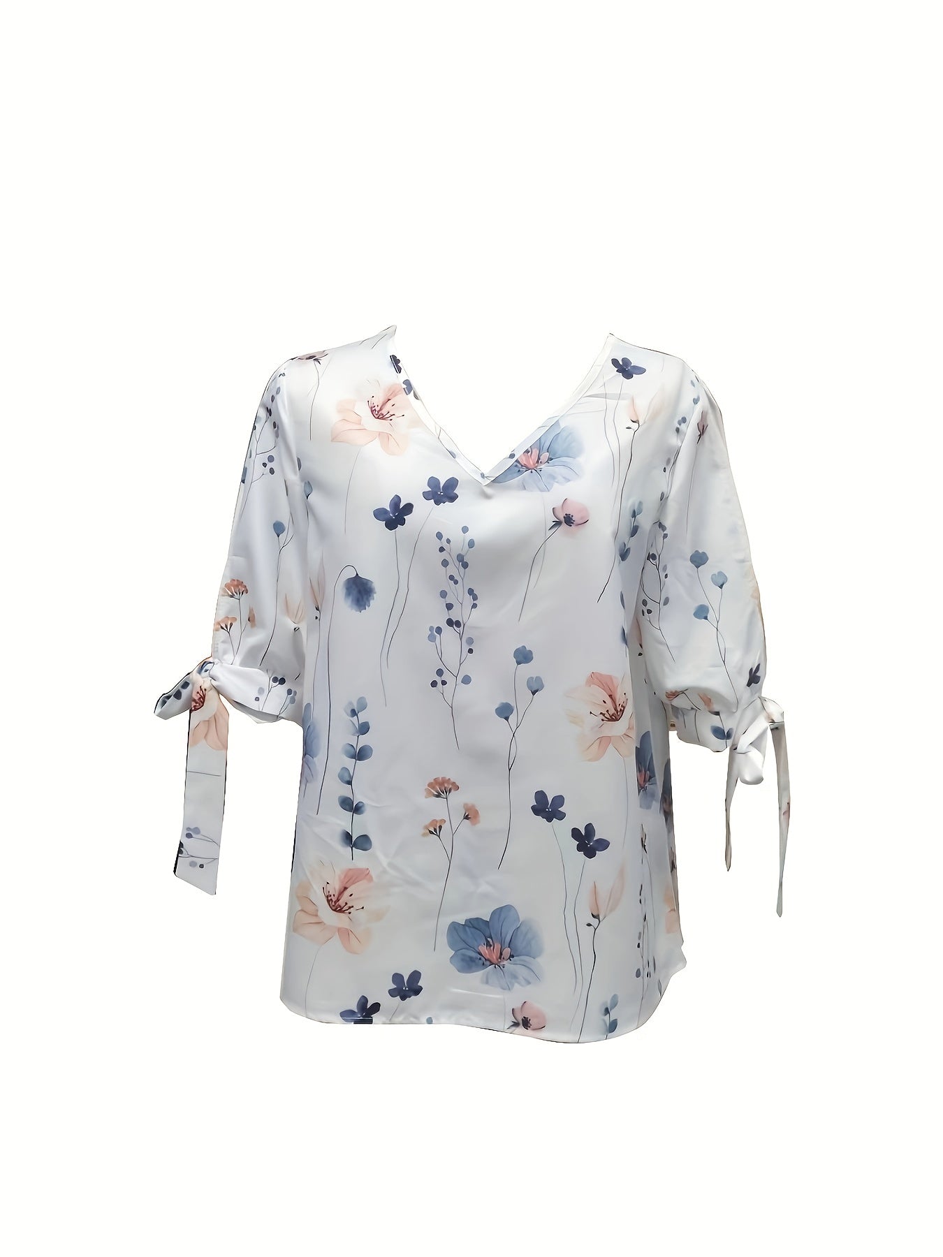 Chic Floral Print Knot Front T-Shirt - Lightweight & Breathable, Feminine V-Neck, Split Short Sleeves - Trendy Casual Wear for Women - A Versatile Seasonless Staple