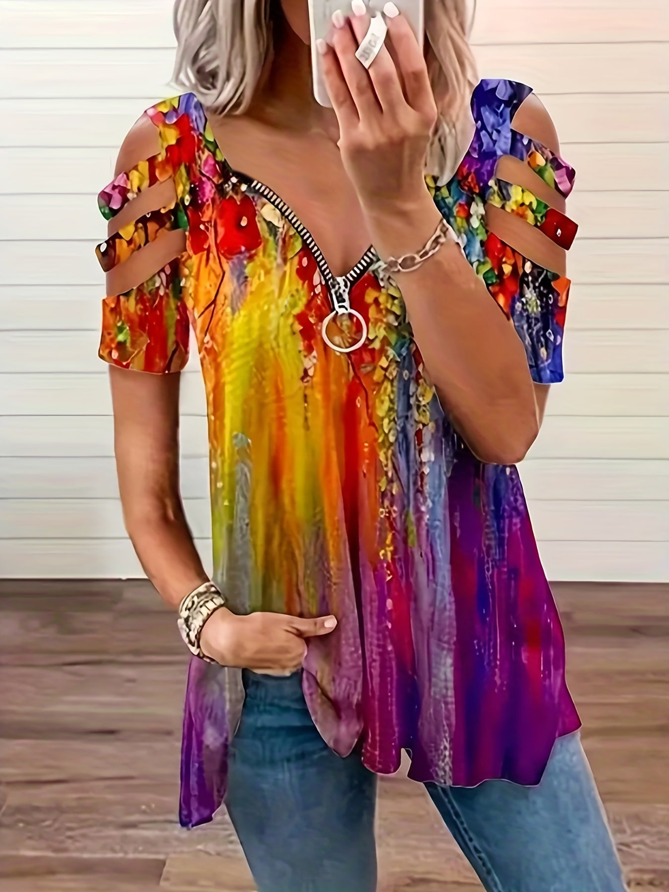 Cut Out Sleeve Colorful Print T-shirt, Casual Zipper Front Summer T-shirt, Women's Clothing