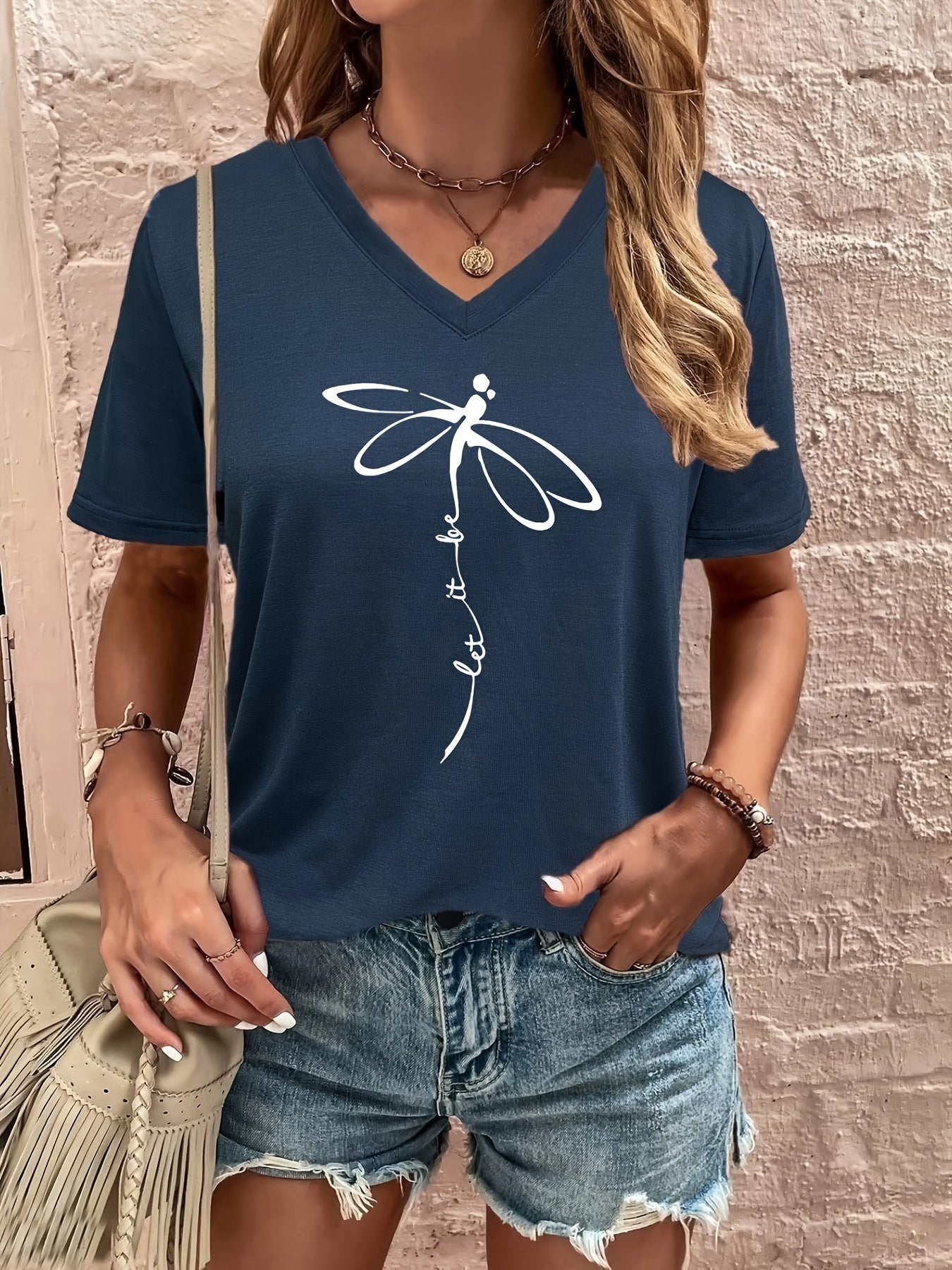Stylish Dragonfly & Letter Print V Neck Short Sleeve T-shirt - Soft Micro Elasticity Polyester Fabric, Loose Fit, Anime Pattern, Pullover Style - Perfect for Spring, Summer, and Fall Casual Wear