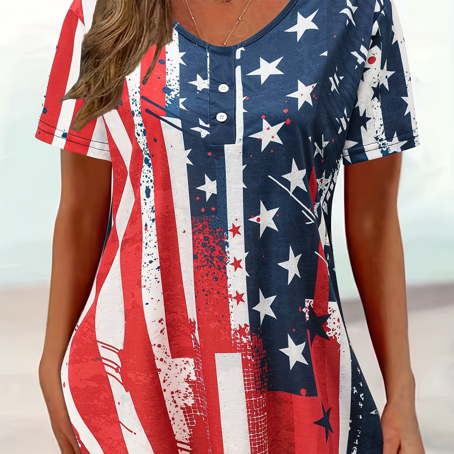 Patriotic Stretch-Cotton T-Shirt - Women's Casual Button-Up, American Flag Print, Perfect for Summer