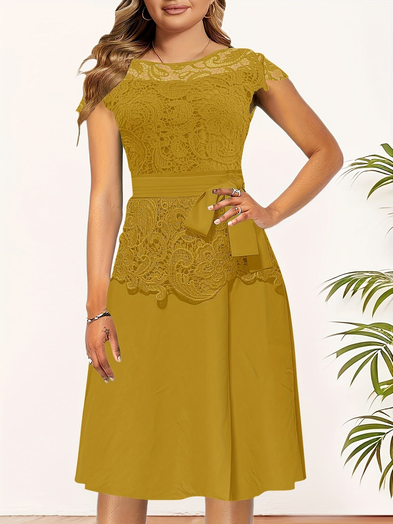 Women's Elegant Contrast Lace Panel A-Line Dress - Round Neck Short Sleeve Flared Skirt, Machine Washable Solid Black for Spring/Fall Casual & Formal Occasions, Spring Fall Attire, Sophisticated Tailoring