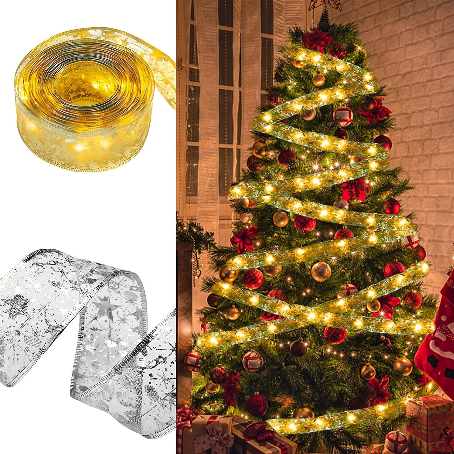 1pc Christmas Tree Ribbon String Lights, 20 LEDs Battery Powered Led Lights For Christmas Tree Indoor And Outdoor Christmas Decorations, Party Weddings Xmas Tree Holiday