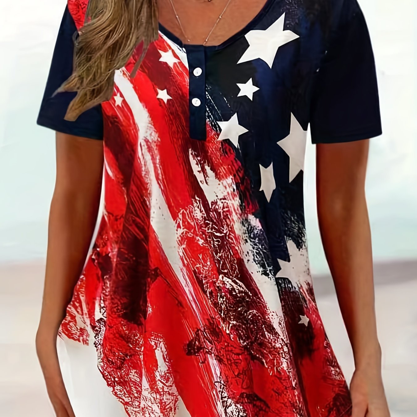Patriotic Stretch-Cotton T-Shirt - Women's Casual Button-Up, American Flag Print, Perfect for Summer