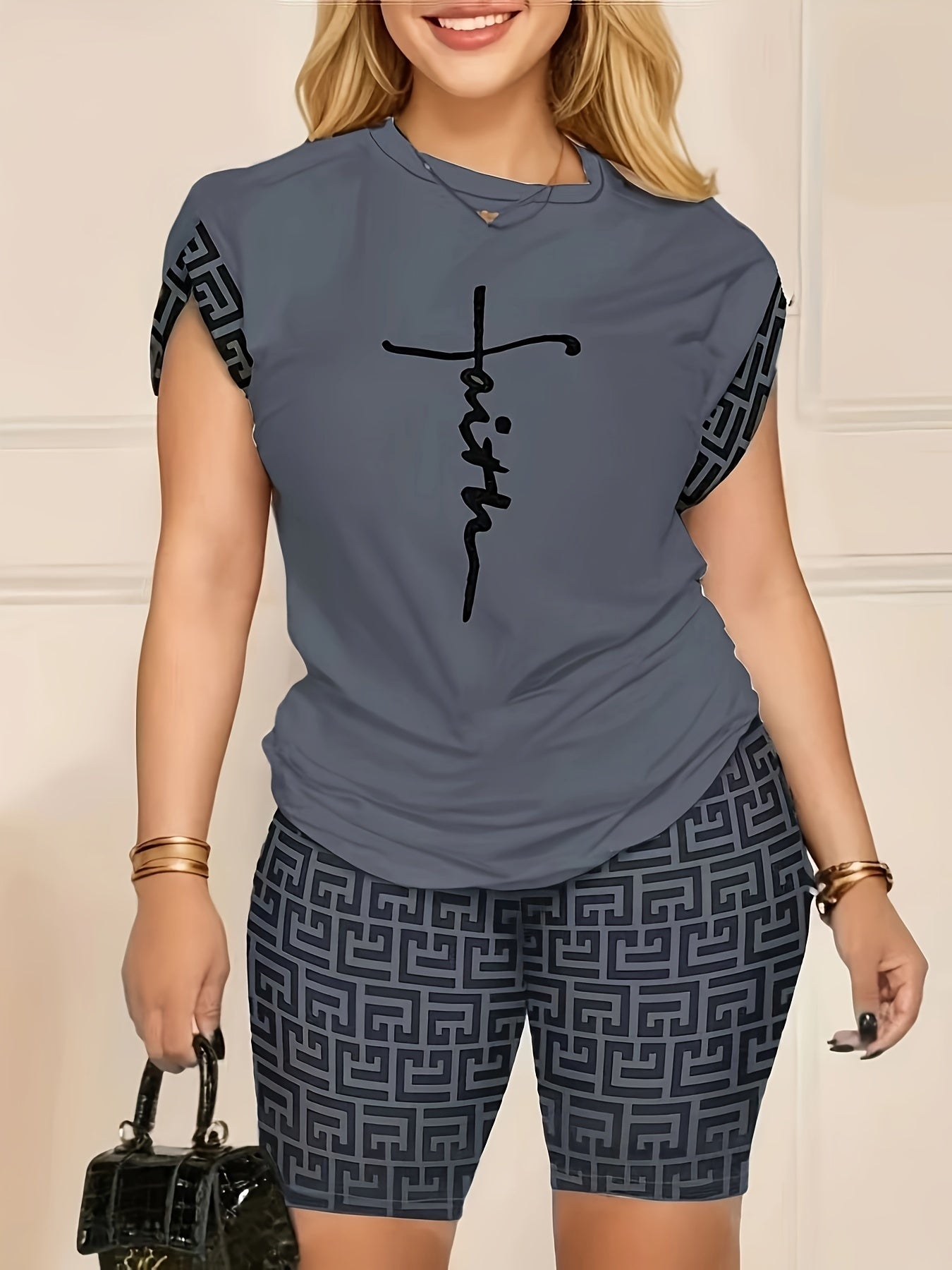 Two-Piece Geo Print Matching Set - Casual Short Sleeve Crew Neck T-Shirt & Biker Shorts Outfit - Polyester Knit Fabric, Mid Elasticity, Positioning Printing, All Seasons, Regular Fit