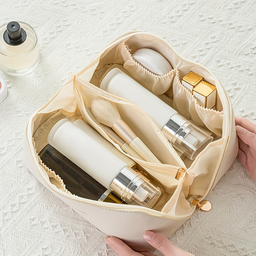 Women's Waterproof PU Leather Cosmetic Bag - Spacious Organizer with Dividers & Handle