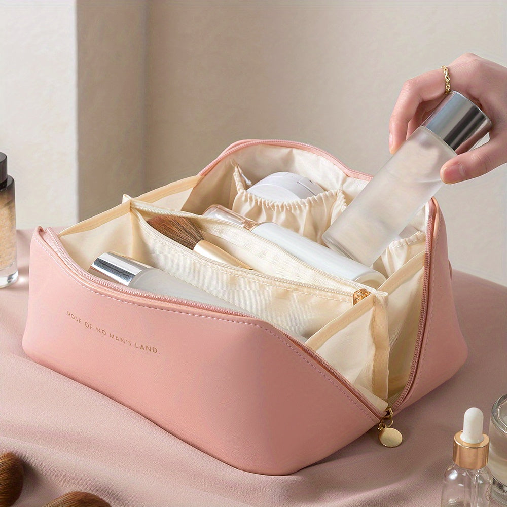Women's Waterproof PU Leather Cosmetic Bag - Spacious Organizer with Dividers & Handle