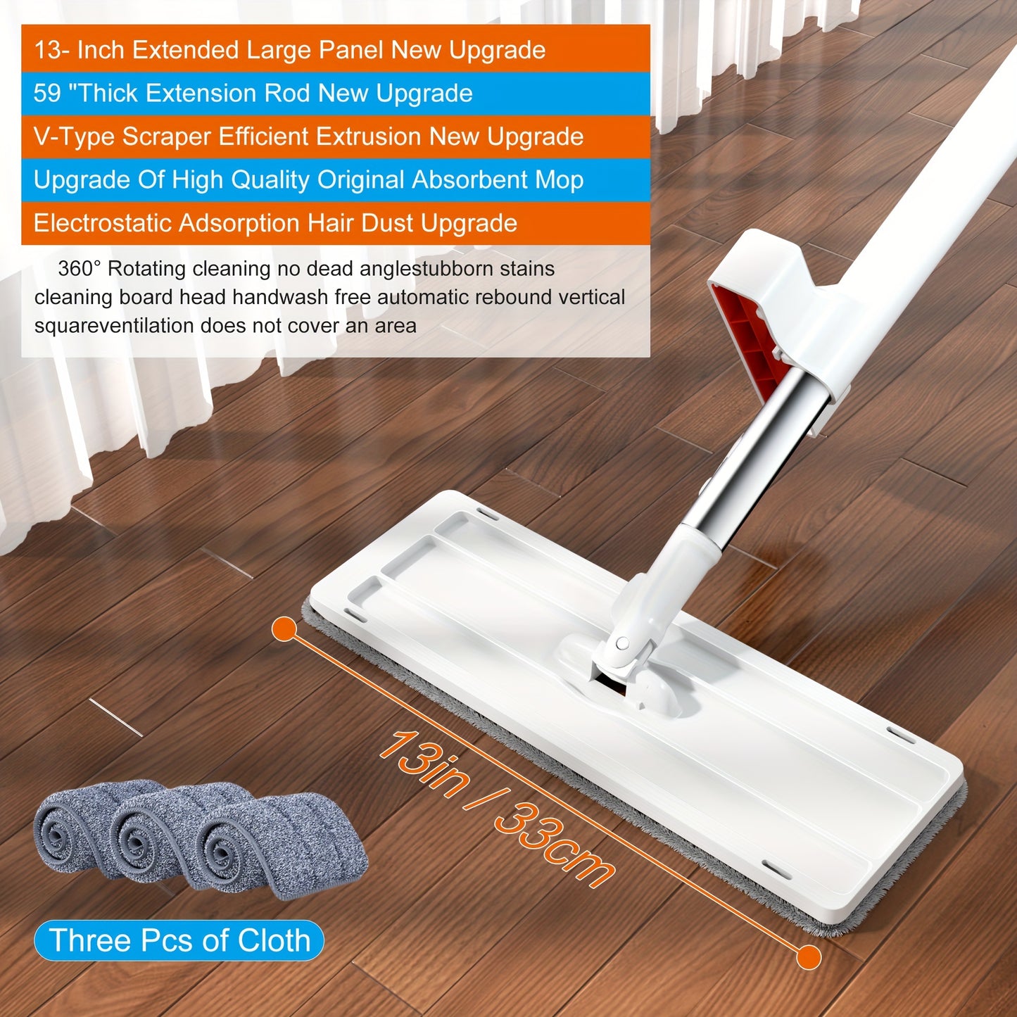 59inch Hands-Free Flat Mop Set - Effortless Cleaning for Lazy Days - 3 Microfiber Pads, Super Absorbent, Dry & Wet Dual-Use - Hassle-Free Maintenance