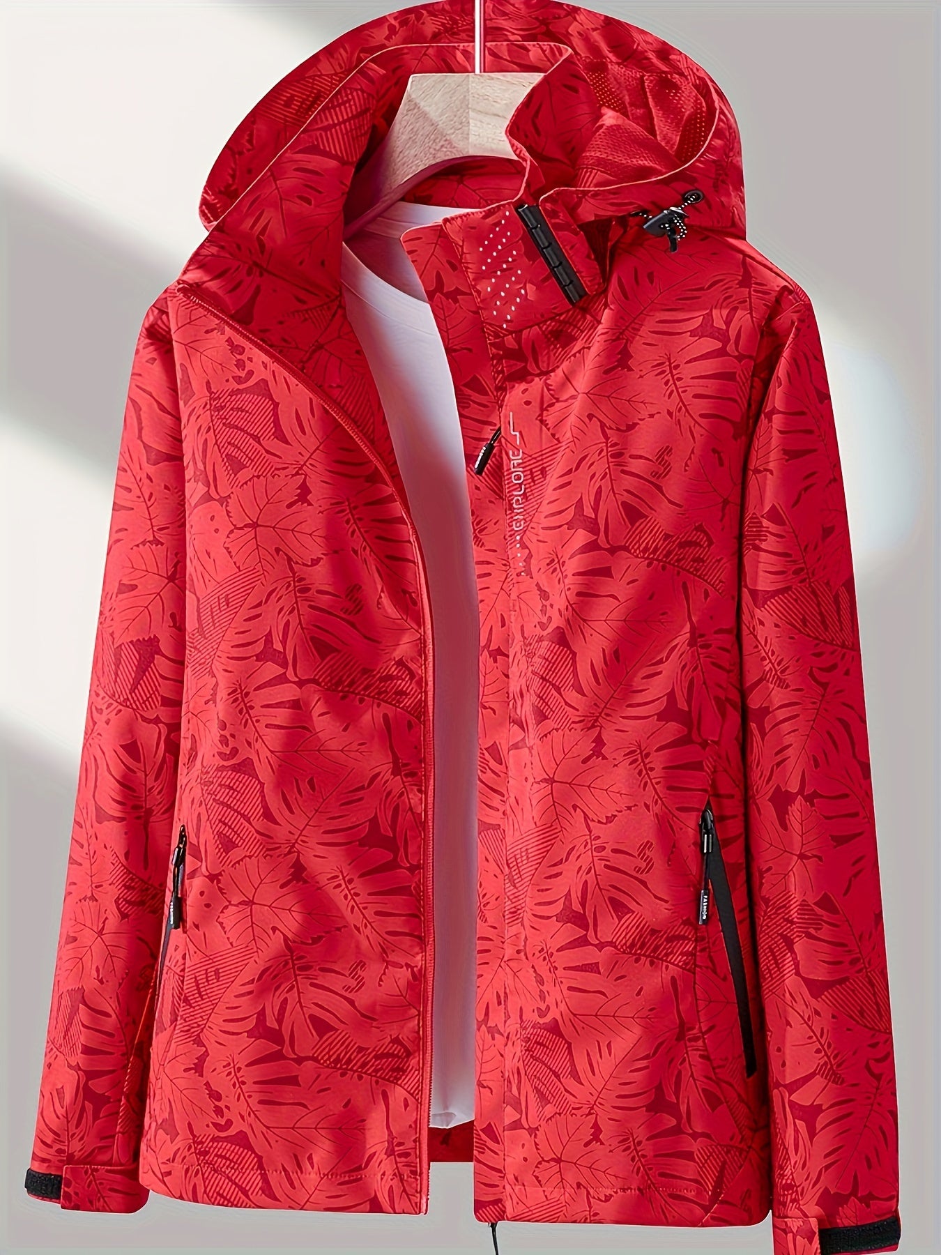 Women'S Lightweight Hooded Jacket - Casual Zip-Up Outdoor with Tropical Leaf Print, Removable Hood & Adjustable Cuffs for Spring Summer Fall, Hiking, Travel, Camping, Camping Gear