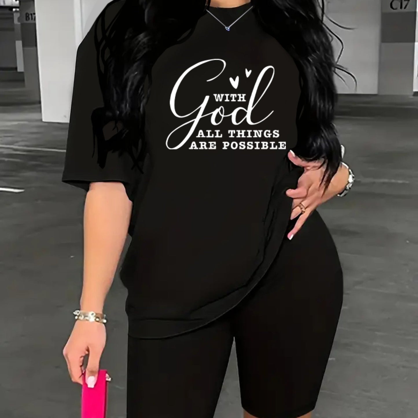 2-Piece "With God All Things Are Possible" Print Summer Shirt And Shorts Set, Casual Sportswear For Women, T-Shirt & Athletic Shorts Outfit