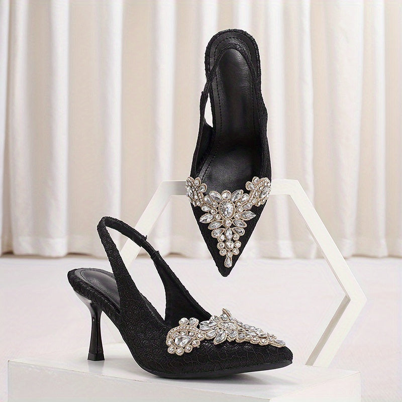 Women's Rhinestone Decor Stiletto Heels, Fashionable Pointed Toe Slingback Pumps, Stylish Dress & Party Shoes