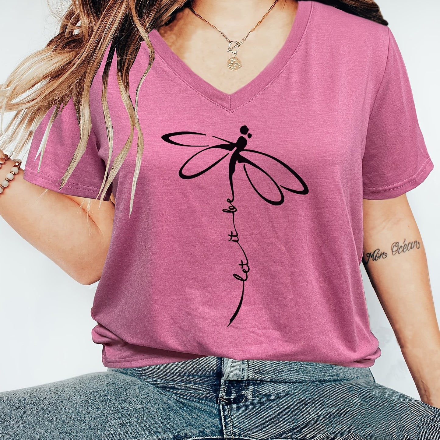 Plus Size Women's Relaxed Fit Graphic Print Short Sleeve V Neck T-Shirt with Slight Stretch for Comfortable Casual Wear