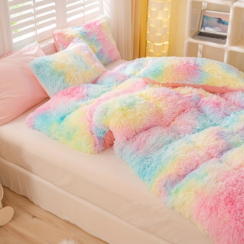 3pcs Y2K Tie Dye Plush Duvet Cover Set ( 1 Duvet Cover + 2 Pillowcase), Soft & Warm Bedding Set