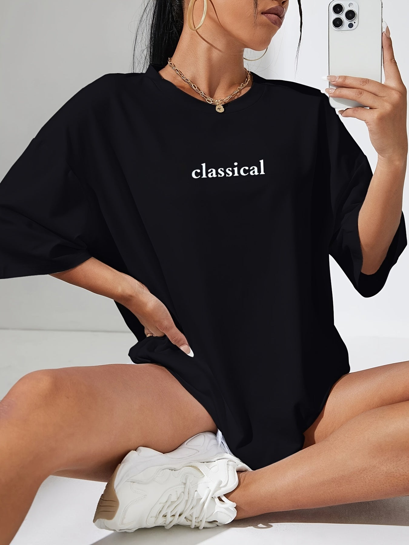 Classical Print Oversized T-Shirt, Crew Neck Casual Top For Summer & Spring, Women's Clothing