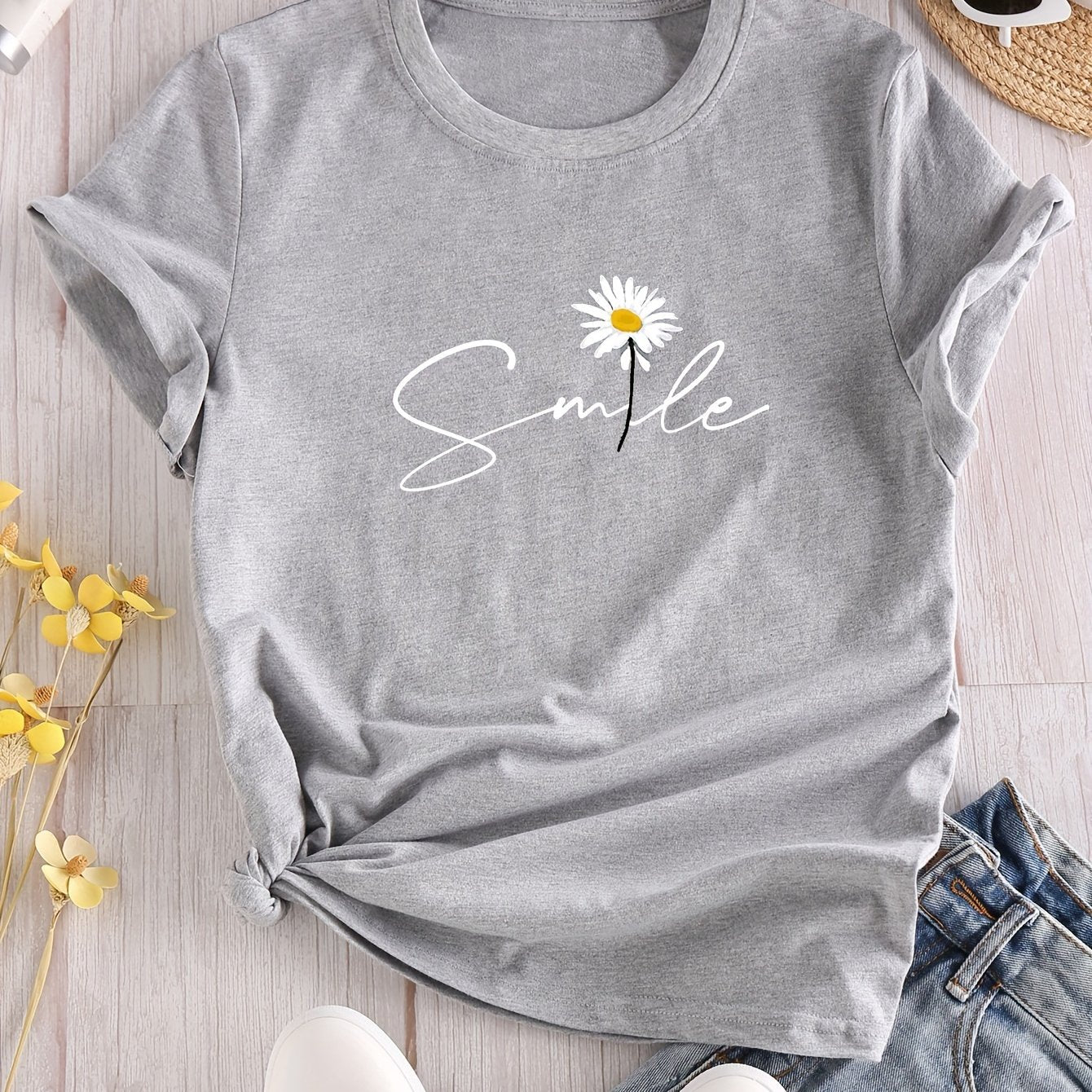 Vibrant Flower & Letter Print Crew Neck T-Shirt - Relaxed Fit, Short Sleeve, Classic Style - Perfect for Spring and Summer, Womens Casual Clothing