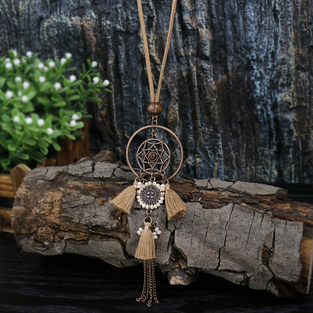 Brown Boho Ladies Pendant Necklace 1 Round Hollow Pendant Set With Rhinestone And Khaki Chain Tassel Jewelry