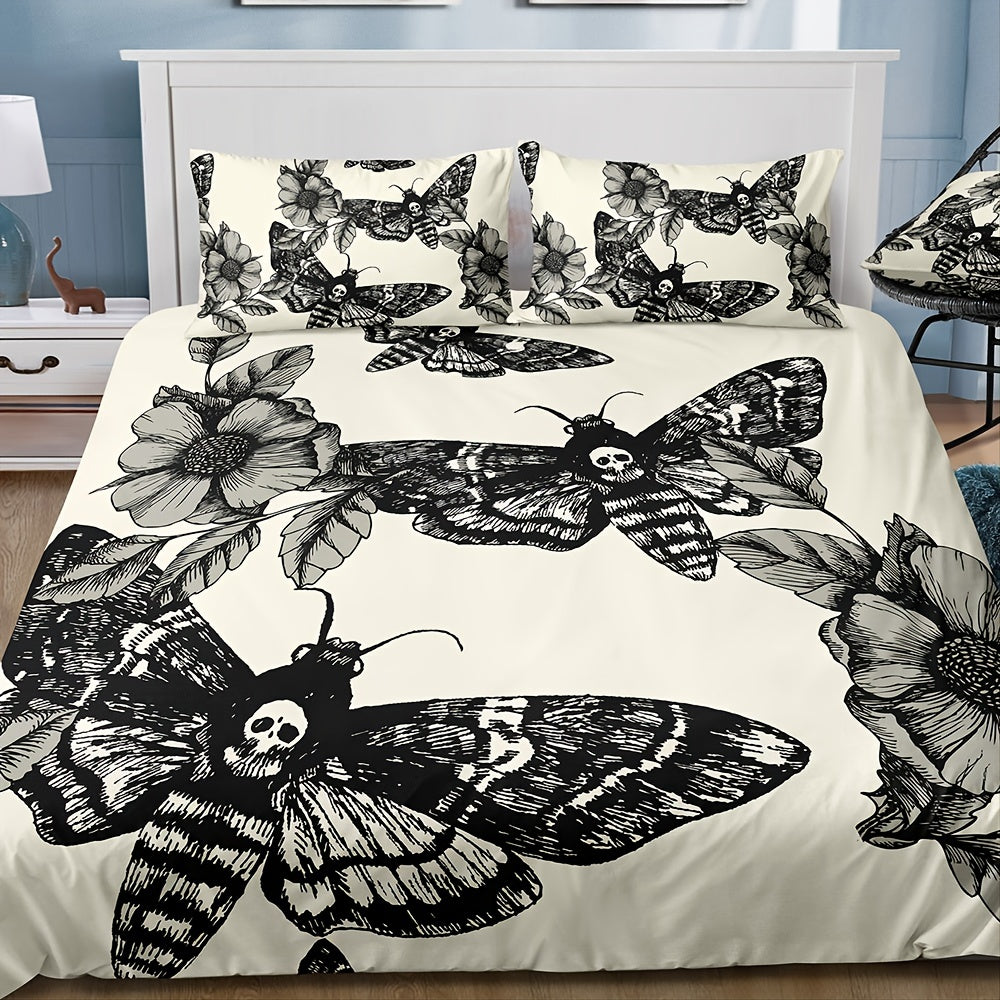 3pcs/set Death's Head Moth and Flower Duvet Cover Set - Soft, Cozy, and Comfortable Bedding with 1pc Duvet Cover and 2pcs Pillowcases for a Peaceful Sleep