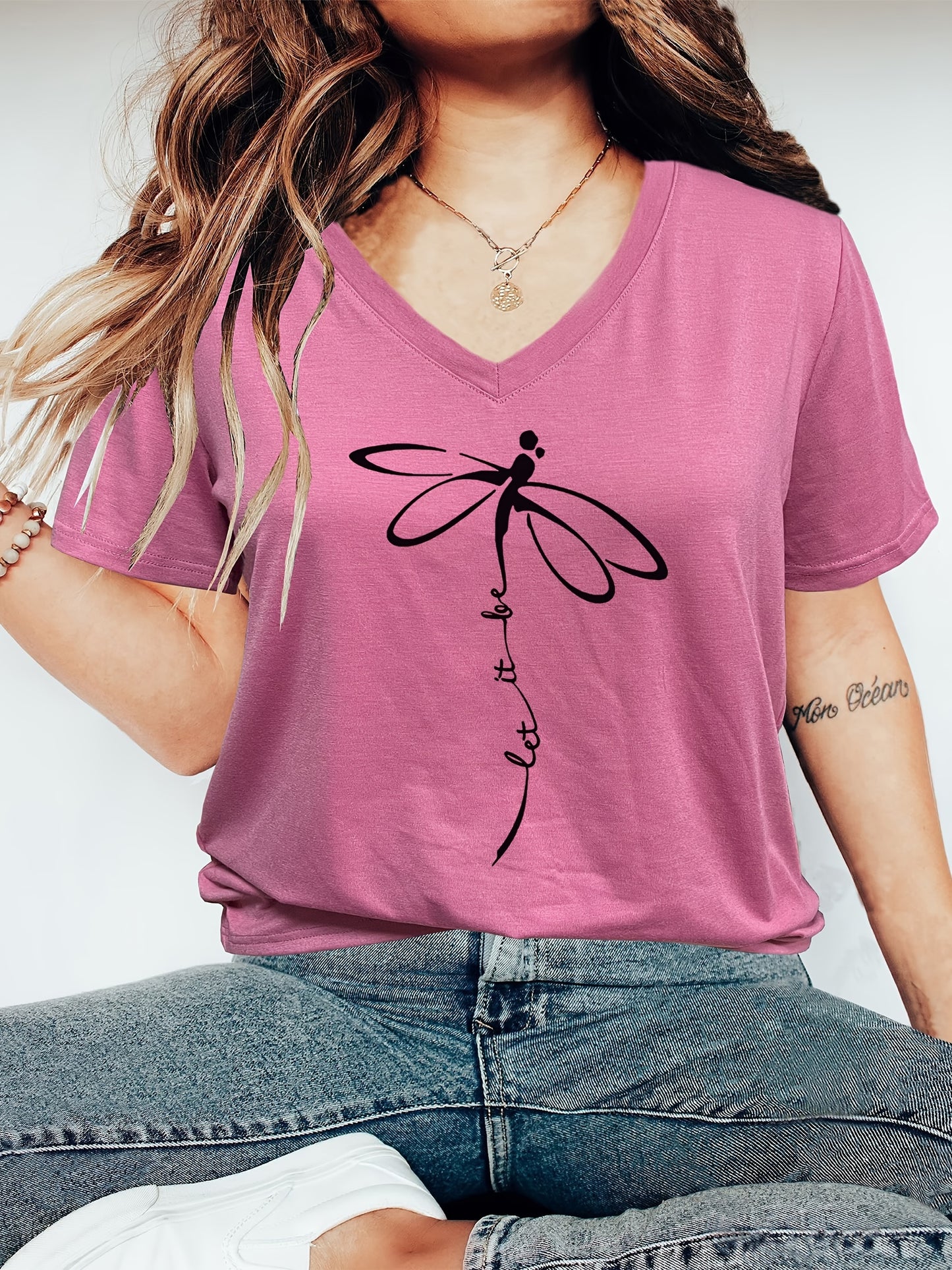 Plus Size Women's Relaxed Fit Graphic Print Short Sleeve V Neck T-Shirt with Slight Stretch for Comfortable Casual Wear