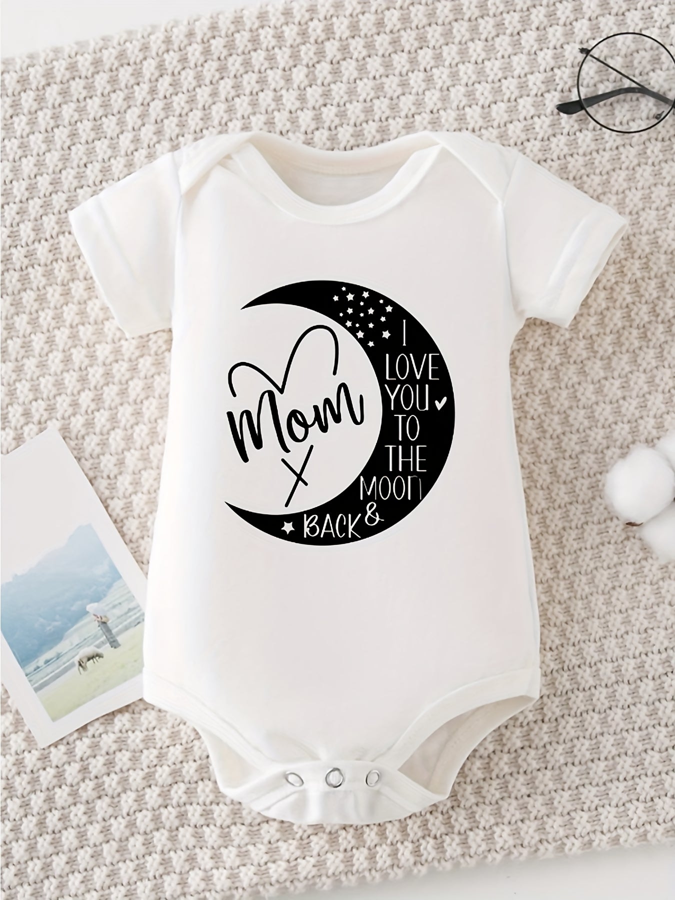100% Cotton Baby Romper - 'I Love You to the Moon & Back' Cute Moon Print, Comfortable Short Sleeve Triangle Jumpsuit for Newborns, Boys & Girls, White with Black & Pink Design, Machine Washable, Baby Clothes, Perfect for Out