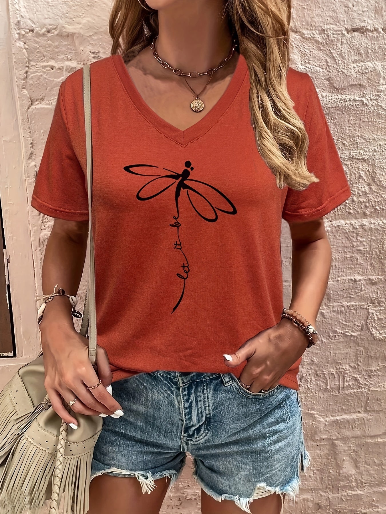 Stylish Dragonfly & Letter Print V Neck Short Sleeve T-shirt - Soft Micro Elasticity Polyester Fabric, Loose Fit, Anime Pattern, Pullover Style - Perfect for Spring, Summer, and Fall Casual Wear