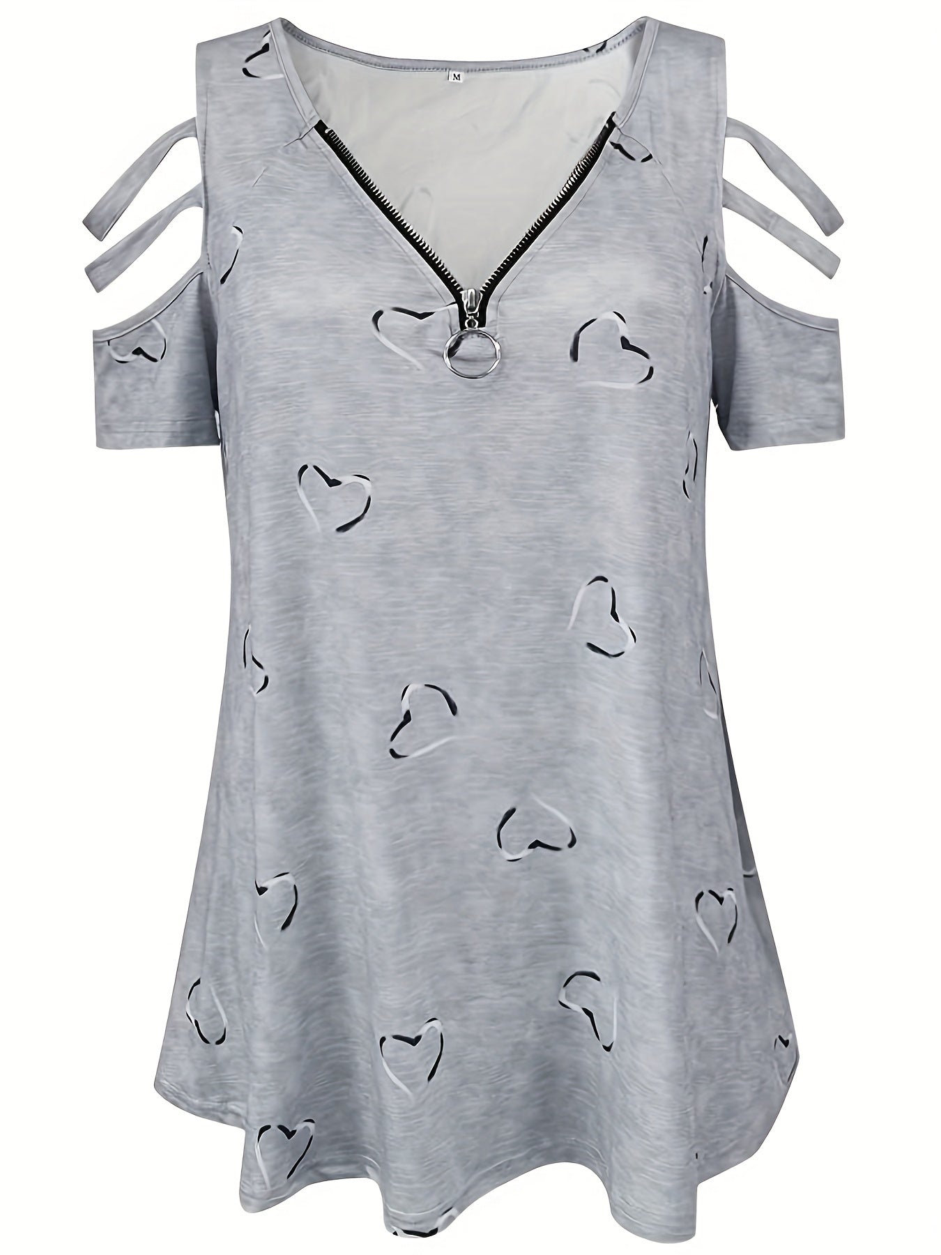Women's Casual V-Neck Zip-Up T-Shirt with Unique Asymmetrical Geometric Print, Short Sleeves - Lightweight Polyester Blend, Perfect for Spring/Summer/Fall, Autumn Casualwear | Vneck Top | Smooth Fabric