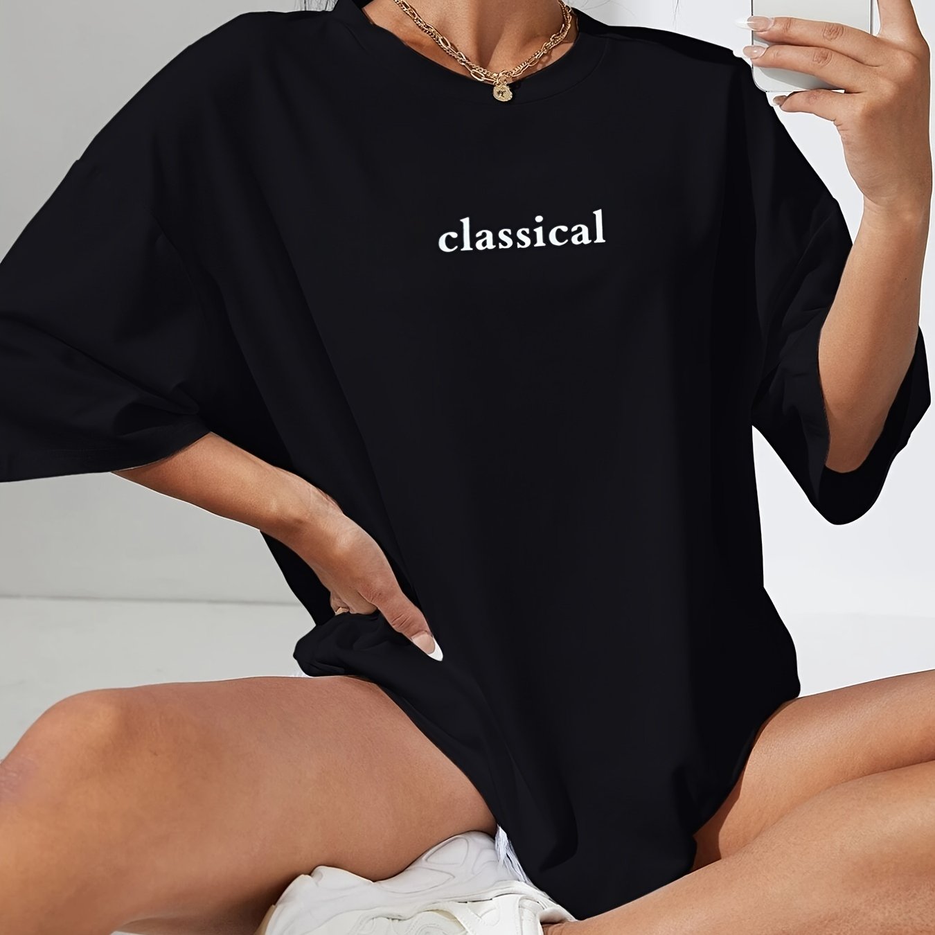 Classical Print Oversized T-Shirt, Crew Neck Casual Top For Summer & Spring, Women's Clothing