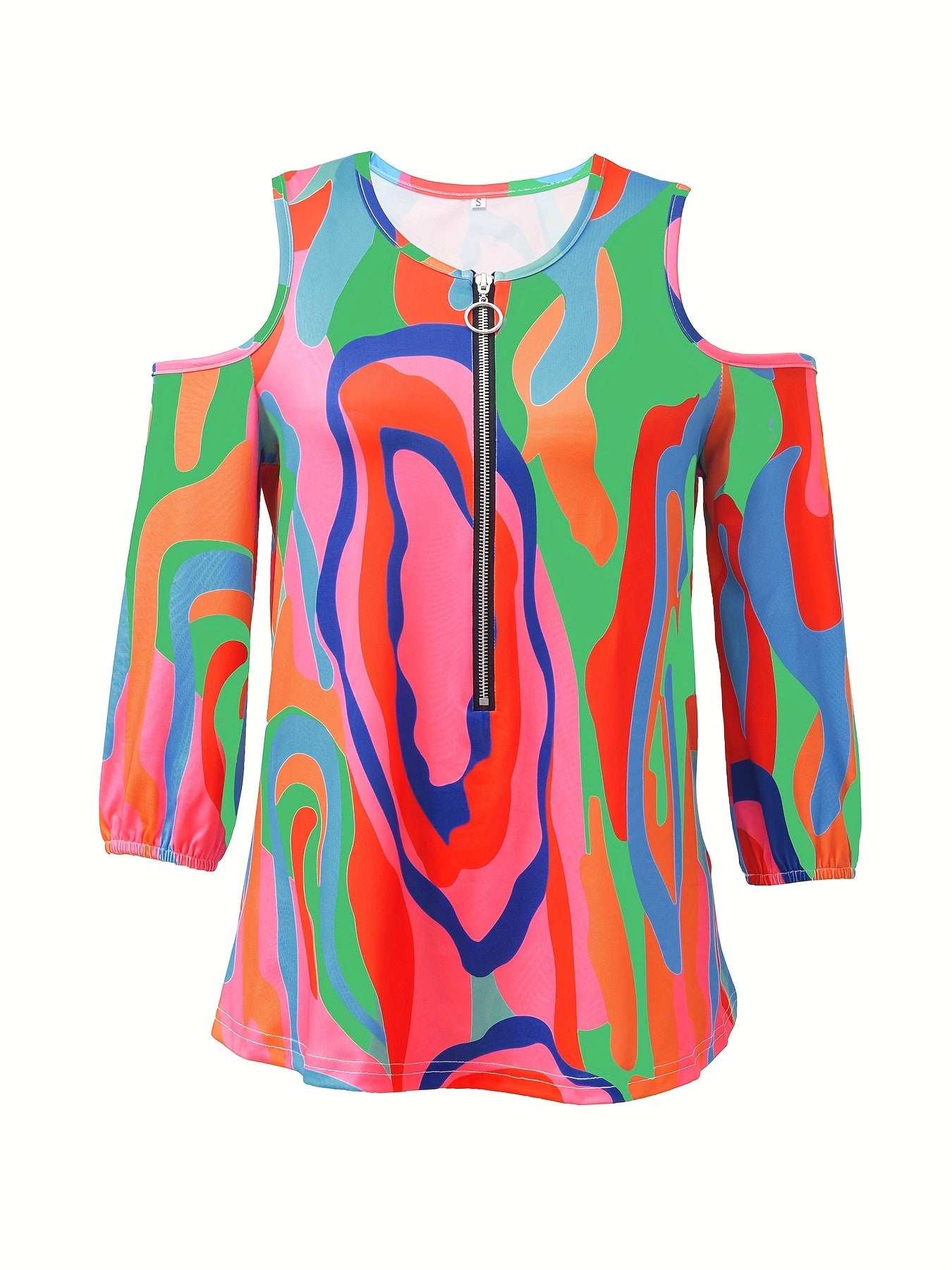 Colorful Geometric Print Casual T-Shirt - Easy Care, Micro-Elastic, Quarter-Zip Neck with Cold Shoulder, All-Season Comfort