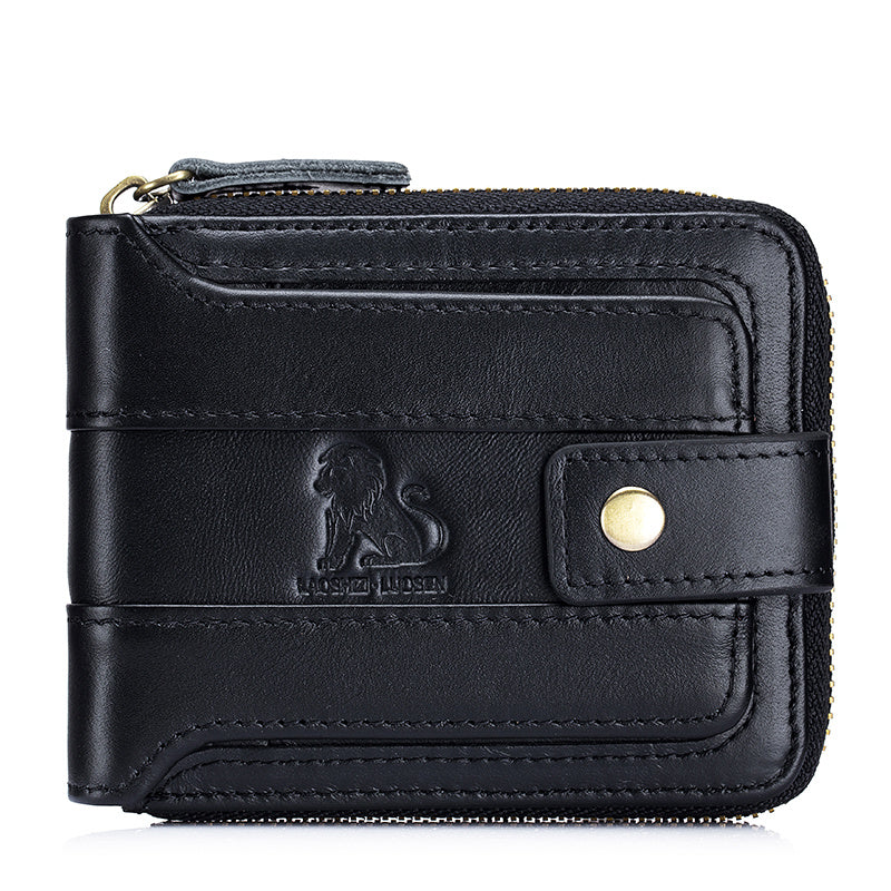 Men's Retro Genuine Leather Multi-Card Wallet with Zip, Large Capacity, Anti-Theft