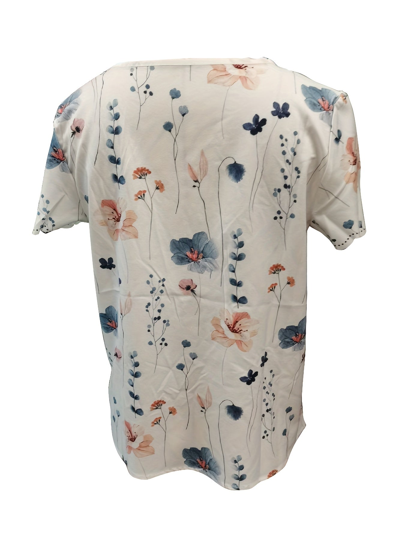 Vibrant Floral Print Scallop Trim T-Shirt - Relaxed Casual Fit, Flattering V Neck, Short Sleeves for Warm Weather Comfort - Perfect for Spring and Summer Seasons, Womens Everyday Wear