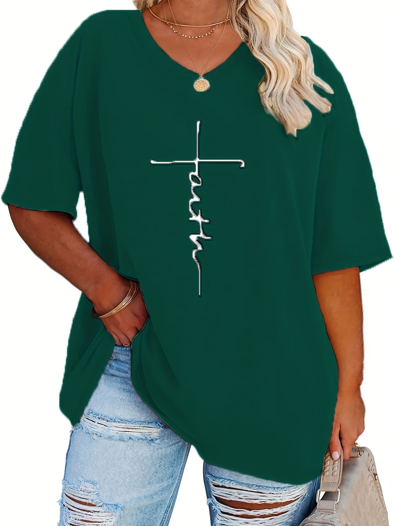 Plus Size Womens V Neck Casual T-shirt - Soft Slight Stretch Polyester Fabric, Alphabets Letter Print, Short Sleeve, Machine Washable - Perfect for Summer