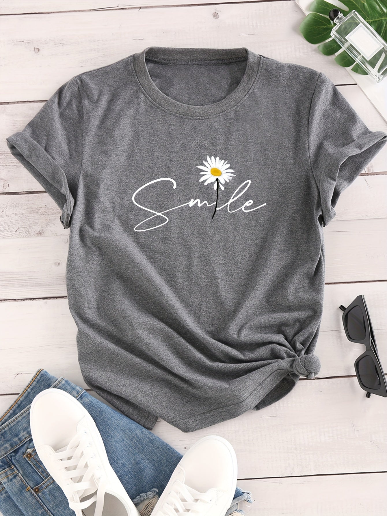 Vibrant Flower & Letter Print Crew Neck T-Shirt - Relaxed Fit, Short Sleeve, Classic Style - Perfect for Spring and Summer, Womens Casual Clothing